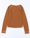 Solid Waffle Knit Round Neck Long Sleeve Top