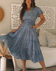 Helena Shirred Short Puff Sleeve Maxi Dress