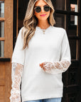 Lace Patchwork Sleeve Faux Two-Piece Fuzzy Sweater
