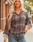 Plaid Quarter-Button Patchwork Long Sleeve Hooded Blouse