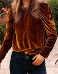 Velvet Frilled Neck Puff Sleeve Top
