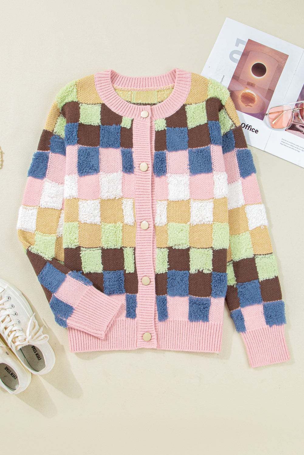 Checker Button Front Cardigan