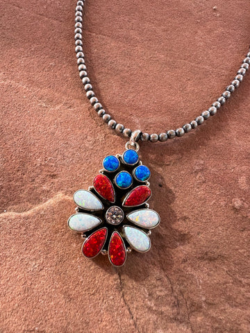 4th Of July Collection Handmade Sterling Silver & Red, White & Blue Fire Opal Cluster Necklace