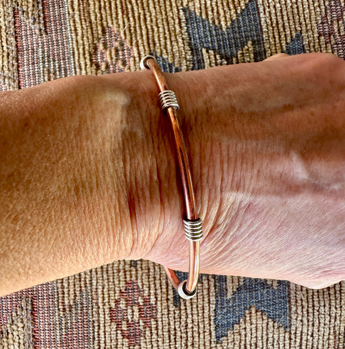 SIMPLE COPPER CUFF BRACELET W/ STERLING SILVER COILS