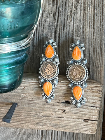 Apache Sterling Silver, Spiny Oyster and Indian Head Penny Rings by Rosella Paxson