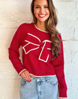 Bow Contrast Trim Long Sleeve Cropped Christmas Sweater