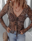 Leopard Sheer Mesh V-Neck Lace-up Top