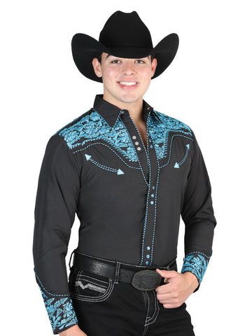 El Señor De Los Cielos Embroidery Shirt Black/Blue 44337