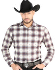El General - Casual Long Sleeve Shirt - Beige/Burgundy 44713