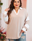 Plus Size Colorblock V-Neck Patchwork Long Sleeve Top