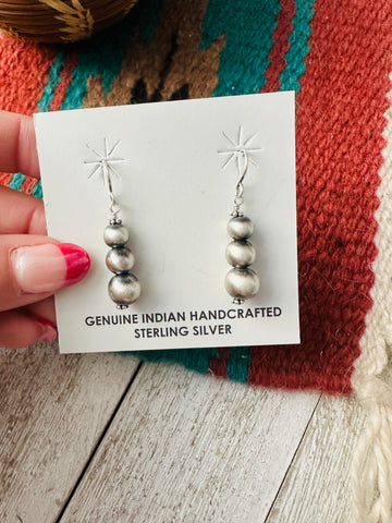 Navajo Graduated Sterling Silver Pearl Beaded Dangle Earrings