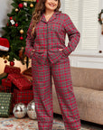 Plus Size Christmas Plaid Shirt and Pants Lounge Set