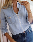 Dotted Denim Lace Trim Collared V-Neck Blouse