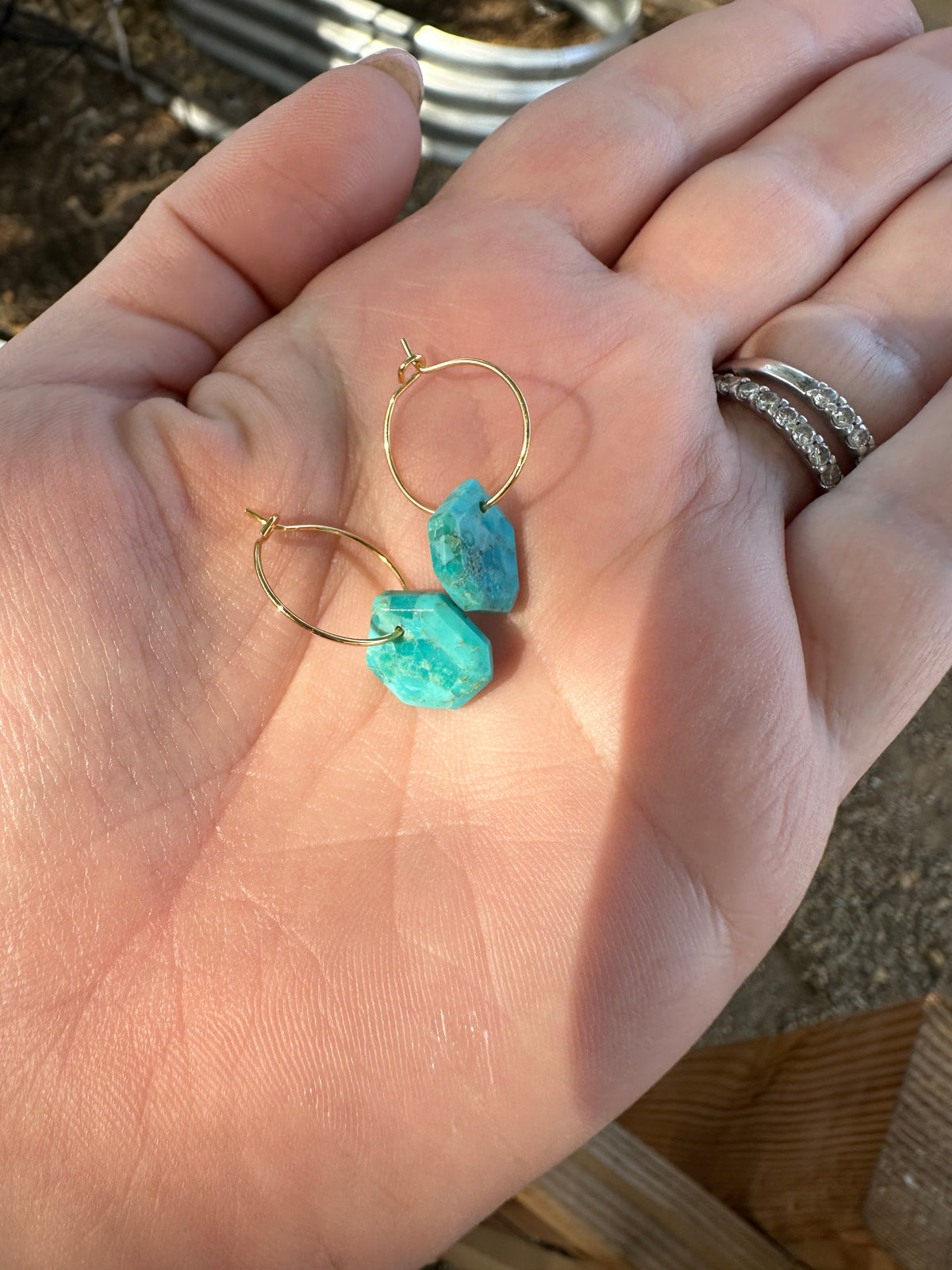 Handmade Turquoise & 14K Gold Plated Golden Hexagon Hoops