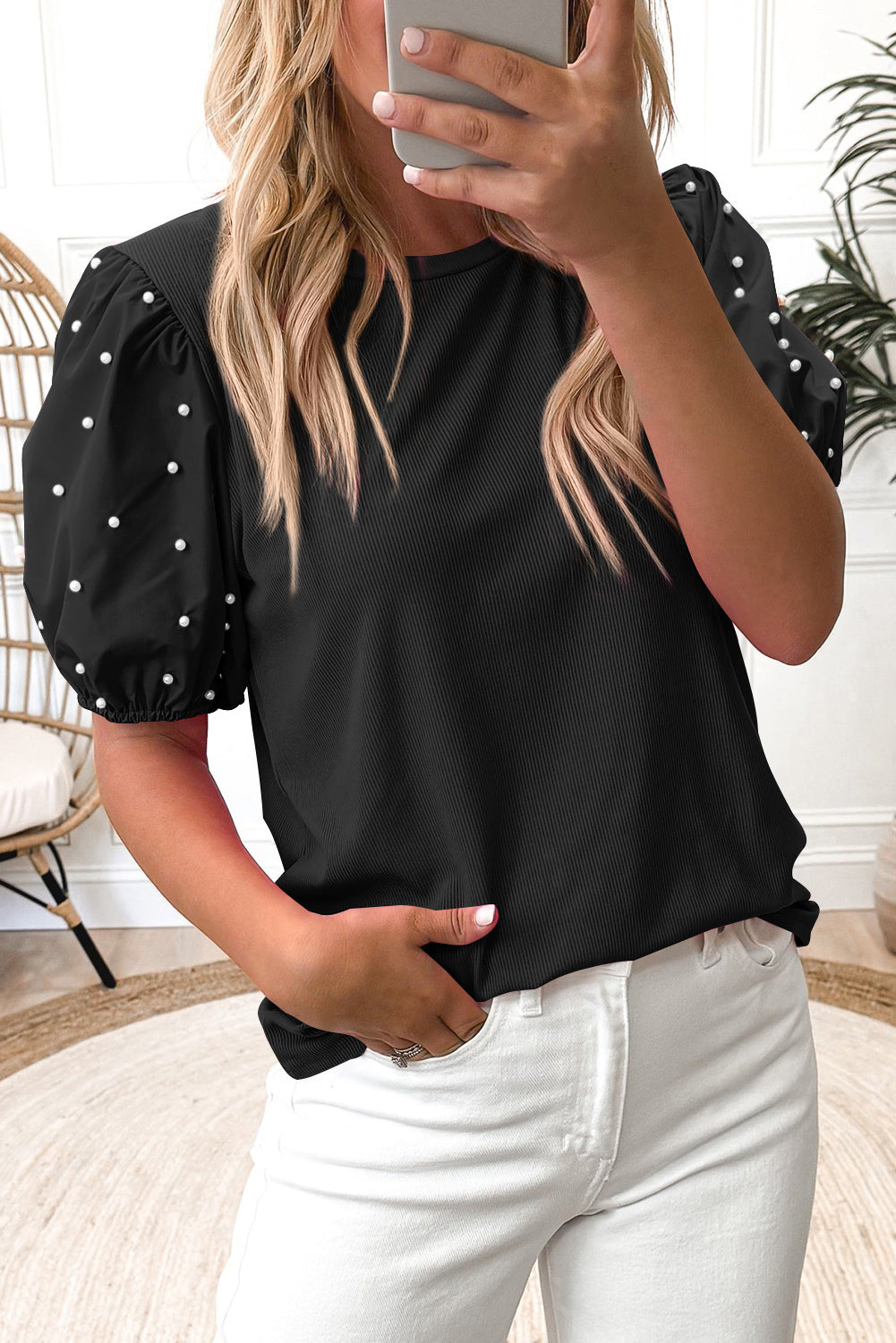 Pearl Beaded Puff Sleeve Ribbed Top