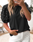 Pearl Beaded Puff Sleeve Ribbed Top