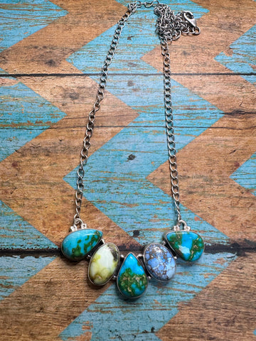 Handmade Sterling Silver, Sonoran Mountain Turquoise, Golden Hills Turquoise & Palomino Turquoise 5 Stone Necklace