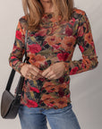 Floral Mesh Lettuce Trim Long Sleeve Top