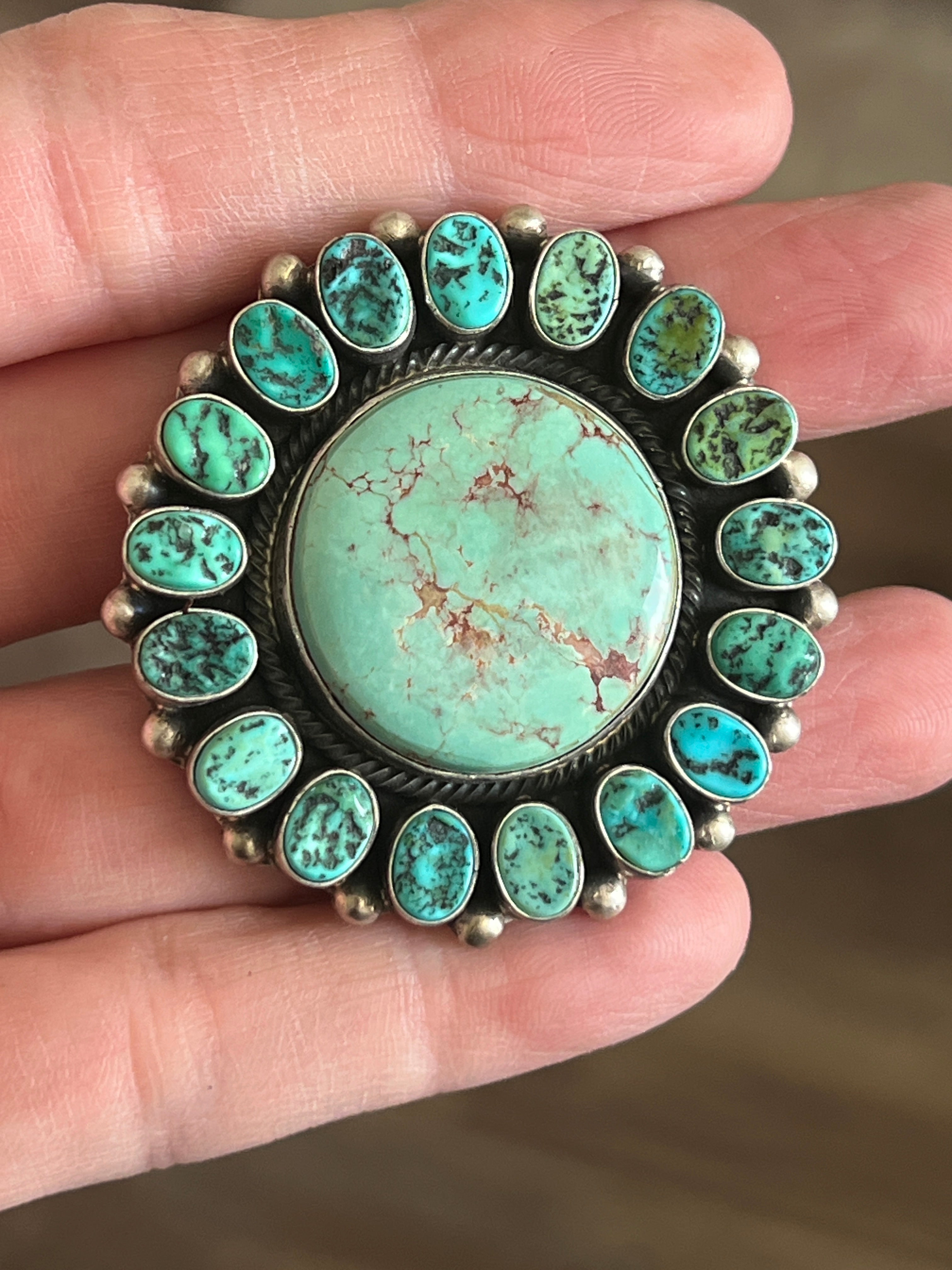 Navajo Sterling Silver Around The World Kingman Cluster Ring by B Yellowhorse, Size 7.5