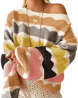 Striped Balloon Sleeve Drop Shoulder Sweater