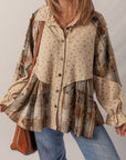 Boho Floral Plaid Patchwork Ruffle Sleeve Waffle Shacket