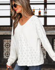 Corded Knit Patchwork Embroidered V-Neck Blouse