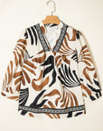 Abstract V-Neck Puff Sleeve Blouse