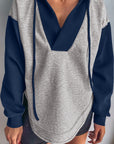 Colorblock Patchwork V-Neck Drawstring Hoodie