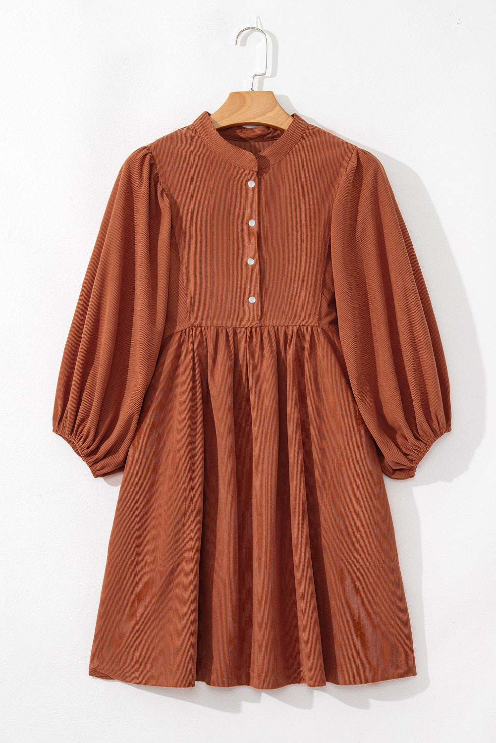 Solid Corduroy 3/4 Sleeve Snap Button Dress
