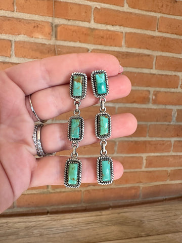 3 Stone Handmade Natural Turquoise and Sterling Silver Dangles