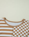 Khaki Striped Checkered Mixed Print Chest Pocket Casual Plus Size Top