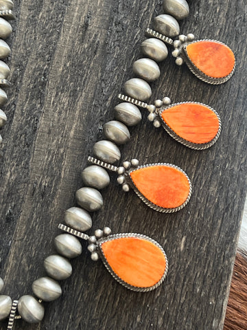 Navajo Sterling Silver And Orange Spiny Oyster Shell Dragonfly Bead Necklace by Selena Warner