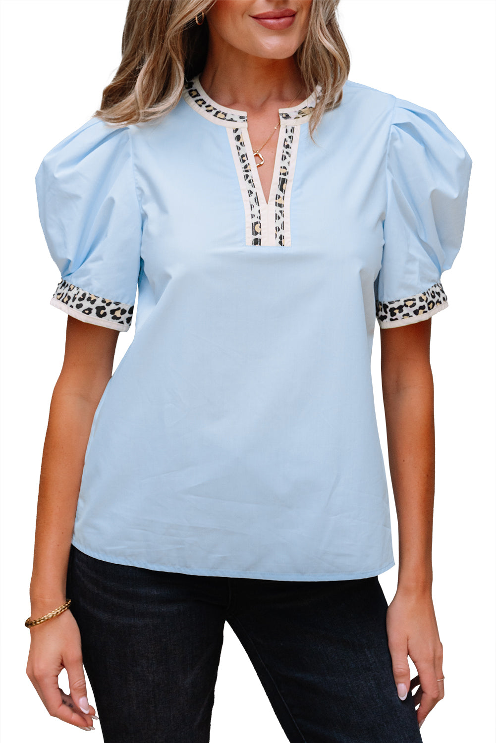 Leopard Contrast Puff Sleeve Blouse
