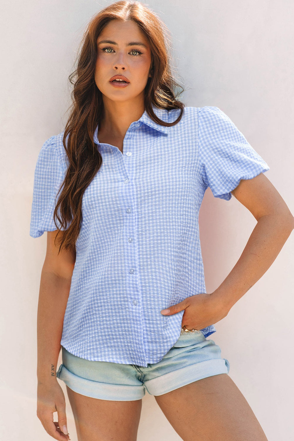 Gingham Puff Sleeve Buttoned Shirt