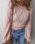 Molly Openwork Plaid Puff Sleeve Cropped Sweater