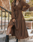 Solid Buttoned V-Neck Long Sleeve Tiered Maxi Dress