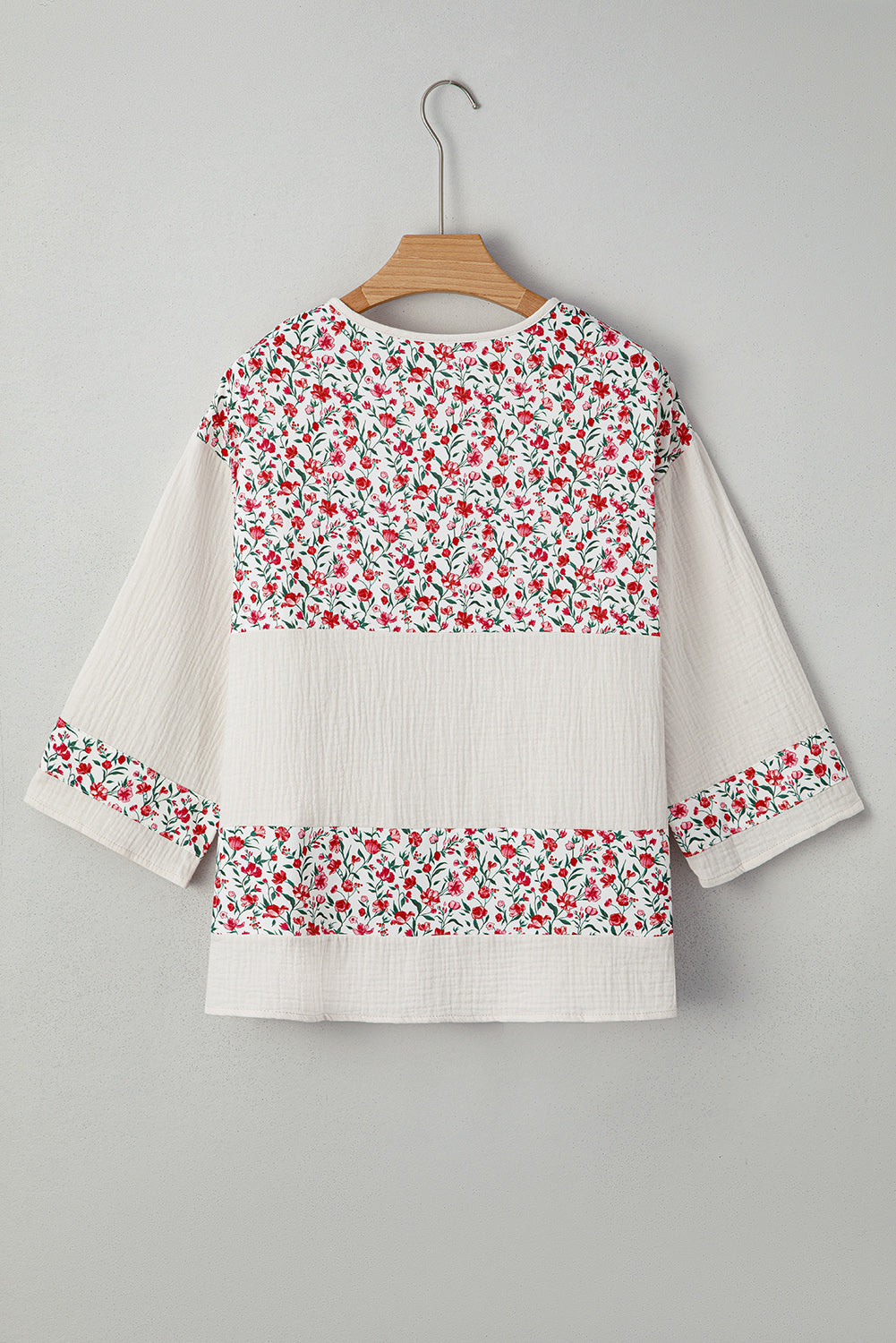 Floral Gauze Patchwork 3/4 Sleeve Blouse