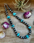 NFR Collection Necklace – 8mm & 14mm Sterling Silver Pearls with 20mm Turquoise Disc – Handmade by The Bijoux FAB – 23.5"