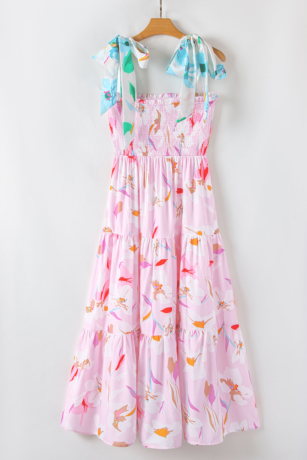 Floral Knotted Shoulder Smocked Maxi Dress