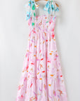 Floral Knotted Shoulder Smocked Maxi Dress