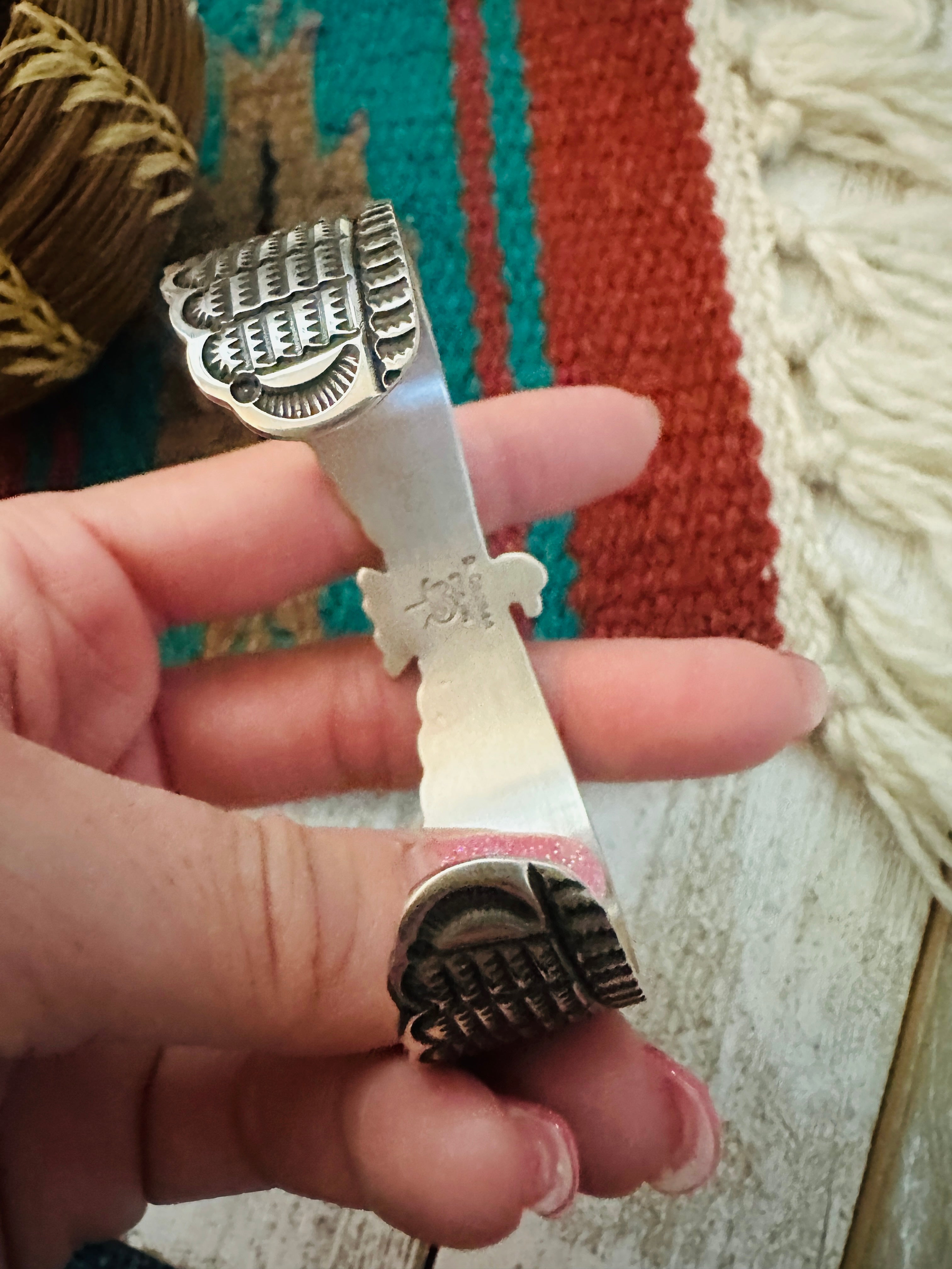 Navajo Hand Stamped Sterling Silver Thunderbird Cuff Bracelet by Darell Carmen