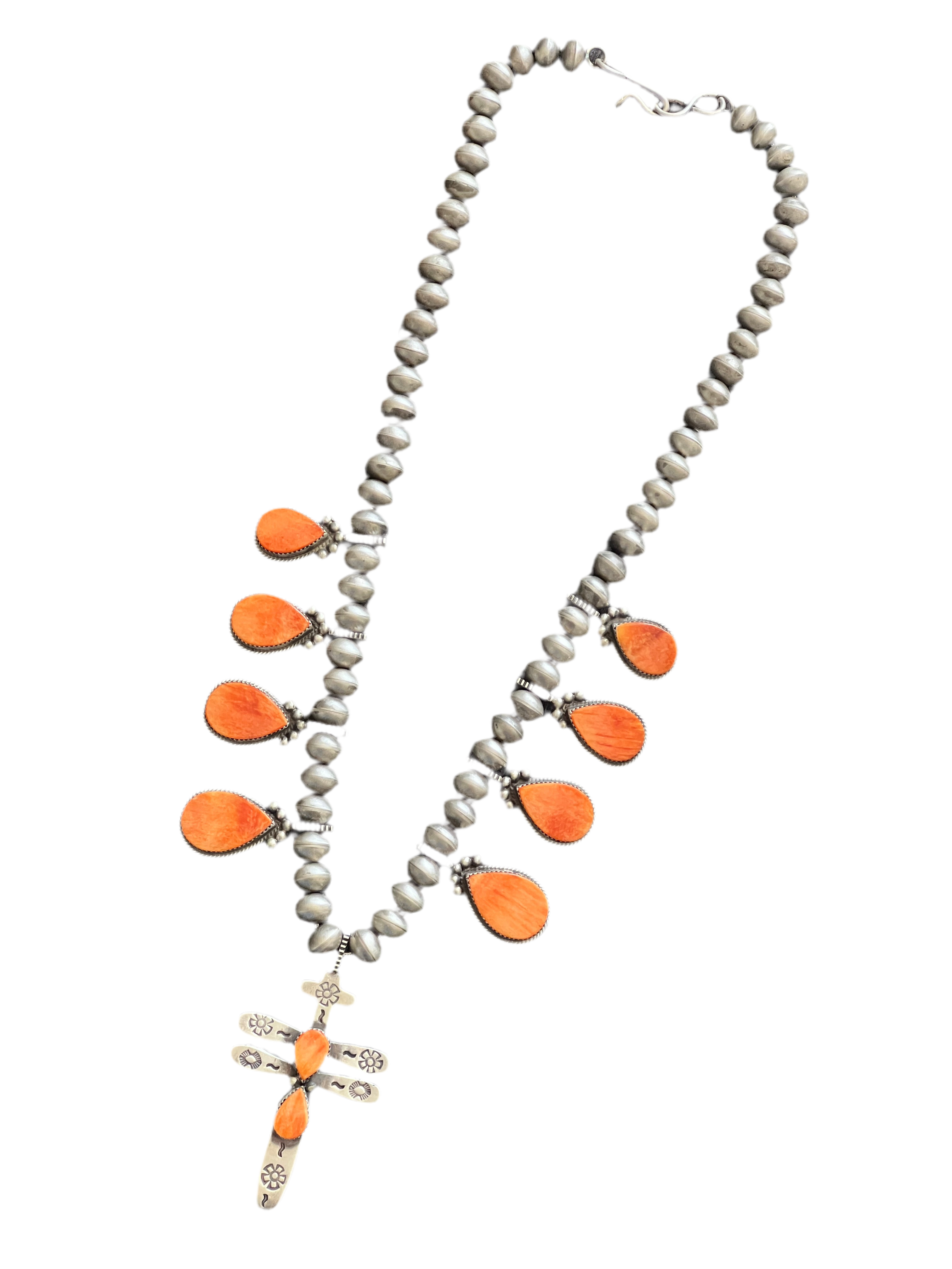 Navajo Sterling Silver And Orange Spiny Oyster Shell Dragonfly Bead Necklace by Selena Warner