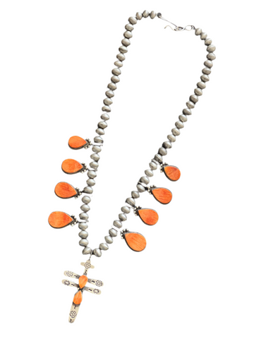 Navajo Sterling Silver And Orange Spiny Oyster Shell Dragonfly Bead Necklace by Selena Warner