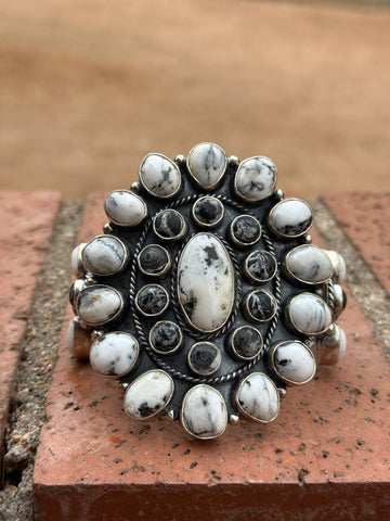 Navajo White Buffalo & Sterling Silver Cluster Cuff Bracelet