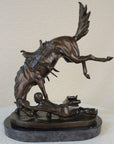 Signed Cowboy Horse Western Bronze Sculpture Statue Marble Base Figure Decor