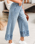 Solid Denim Embroidered Wide Leg Jeans