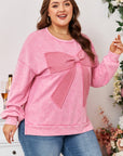 Bonbon Waffle Bowknot Patchwork Graphic Mineral Wash Plus Size Sweatshirt