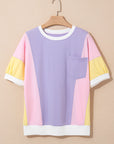 Colorblock Patchwork 3/4 Sleeve Chest Pocket T-Shirt