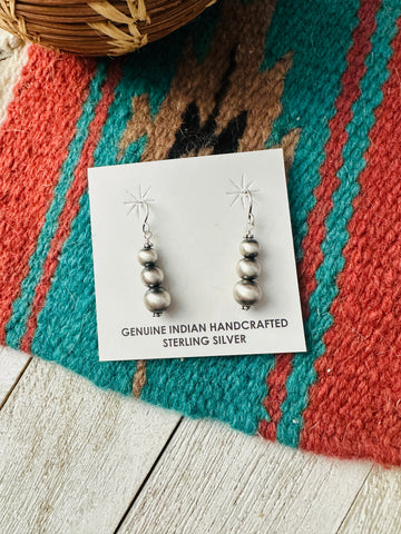 Navajo Graduated Sterling Silver Pearl Beaded Dangle Earrings