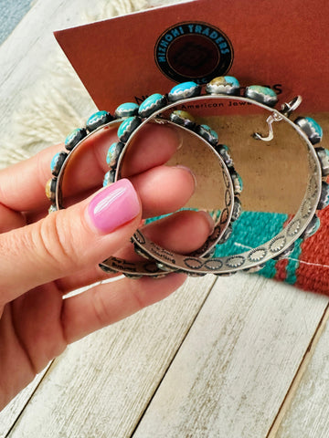 Navajo Turquoise & Sterling Silver Dangle Hoop Earrings by Leroy James